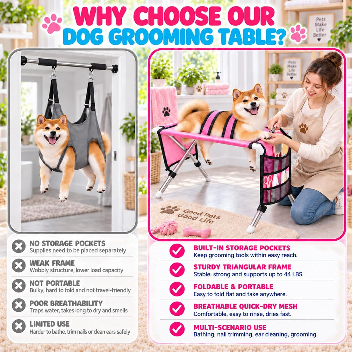 Foldable Dog & Cat Grooming Hammock with Stand